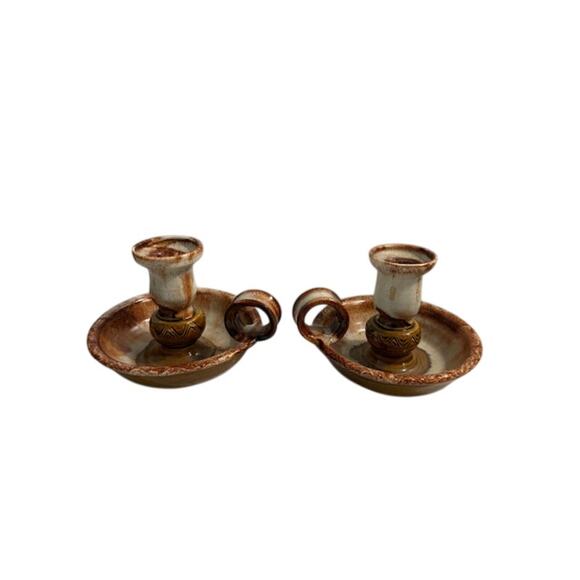 Vtg Dryden Original Pottery Pair of Candlesticks Brown Tan 3.75" Tall - Picture 5 of 8